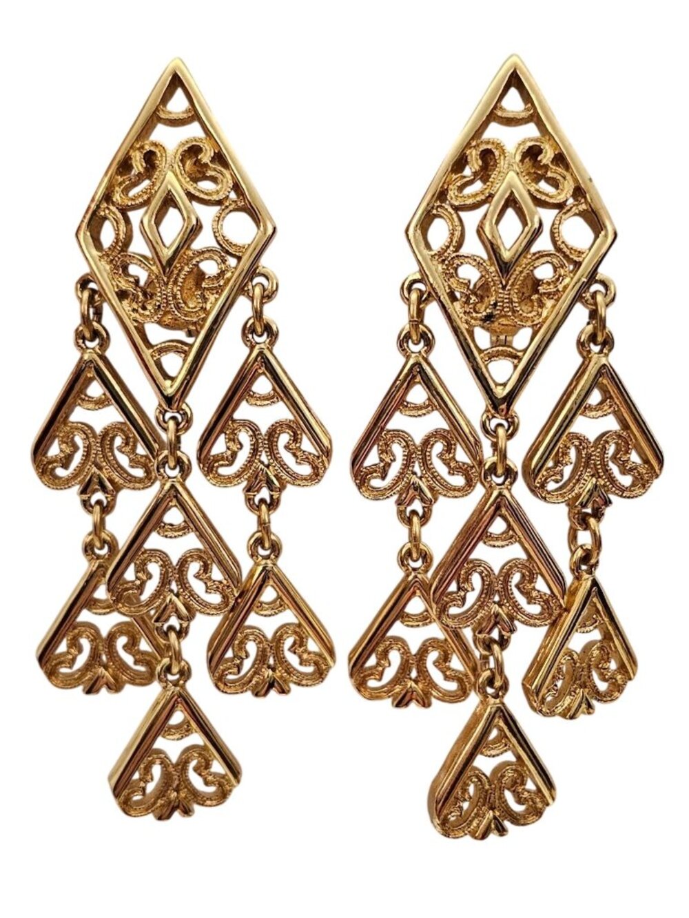 Monet Gold Tone Clip-On Heart Spade Diamond Chandelier Dangle Earrings J827